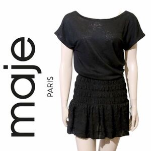 Maje Raboa Mini Dress Embroidered Ruched Cowl Back Sz 2 Smocked Whimsical Goth